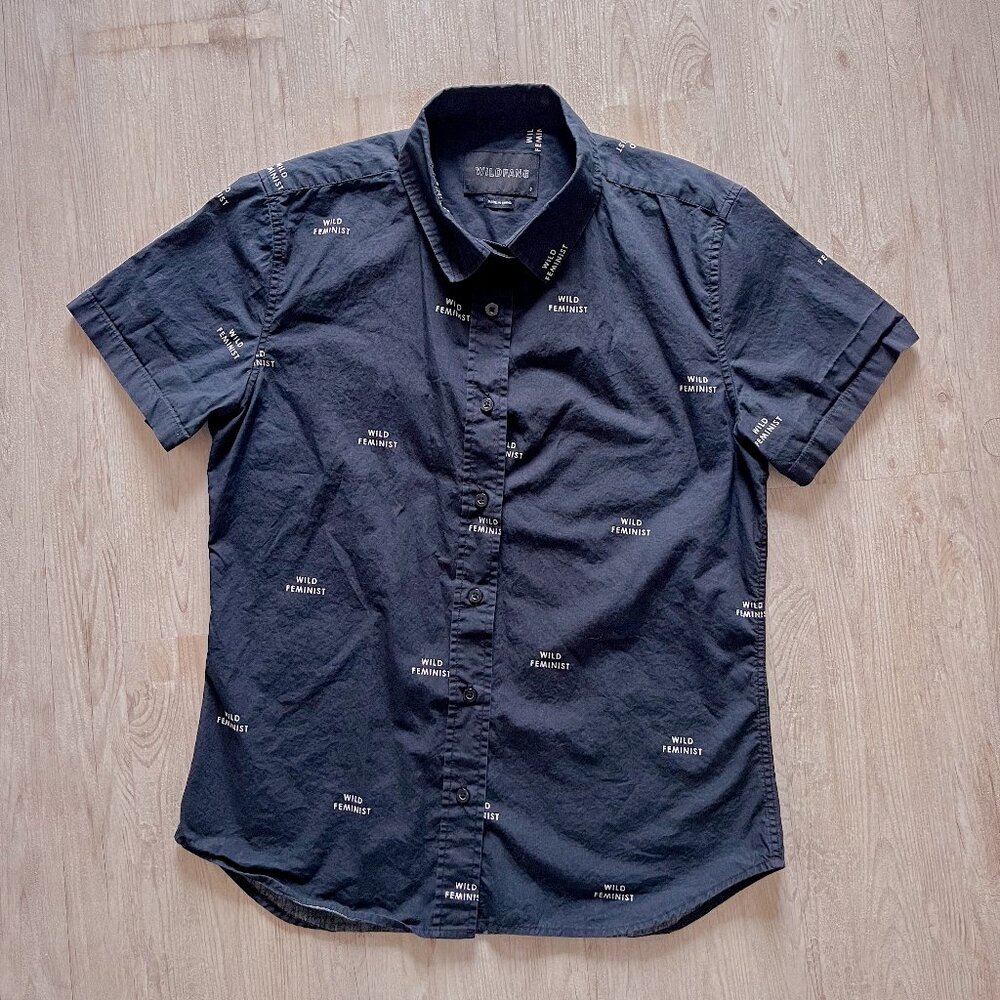 Wildfang Wild Feminist Short Sleeve Button Down Shirt / Black